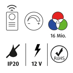 Ikonok FN Acustico LED szalaghoz: vezérlés, fényerőszabályzás, RGB színek, IP20, 12V, RoHS.