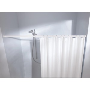 Fehér Kleine Wolke rugós rúd (125-220cm) zuhanyfüggönnyel a zuhanyzóban.