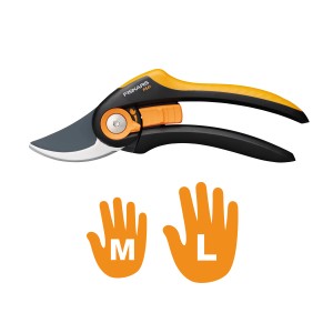 Fiskars Bypass metszőolló Plus SmartFit P541 méretjelzéssel M és L.