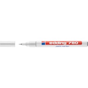 Fehér Edding 780 filctoll, levett kupakkal.