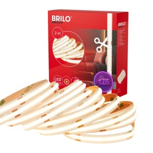 Brilo LED szalag COB, 3 m, meleg fehér, öntapadós, vágható. A LED szalag és a csomagolás részletes képe.