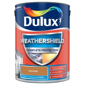 Dulux Weathershield homlokzatfesték doboz, homok színű, matt.
