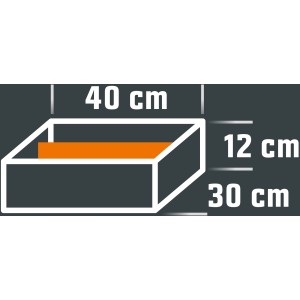 Az Eurobox rendszer elválasztójának diagramja, fehér tárolódoboz 35,5 x 11 cm-es méretekkel.