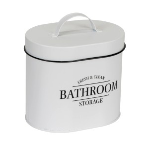 Fehér fürdőszobai tárolóedény fedővel és fogantyúval, "Bathroom Storage" felirattal.