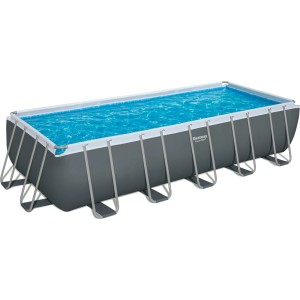 Bestway PowerSteel acélvázas medence, szögletes, 640x274x132 cm, kék vízzel és szürke vázzal.