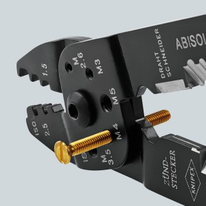 Knipex krimpelő fogó, fekete lakkozott, csavarral a menetes furatokban a menetes rudak vágásához.