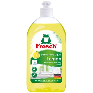 Frosch Lemon mosogatószer, sárga flakon citrom illattal a tisztításhoz.