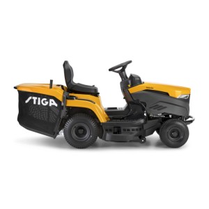 Sárga Stiga Estate 384 fűnyíró traktor 240 literes fűgyűjtővel, 3500 m²-ig.