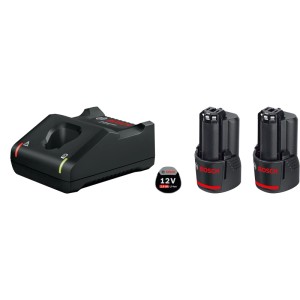 Bosch Professional indítókészlet: két fekete 12V 2Ah Li-Ion akkumulátor és GAL 12 V-40 töltő szerszámokhoz.