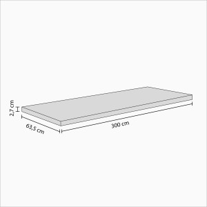 Bükkfa tömörfa munkalap vázlata (300x63,5x2,7cm) méretekkel.