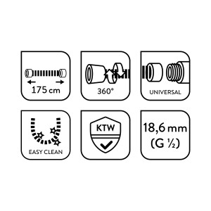 Piktogramok a baliv BSL-175.41 zuhanycsőhöz: 175 cm, 360°-os törésgátló, univerzális, könnyen tisztítható, KTW szabvány, 18,6 mm-es csatlakozás.