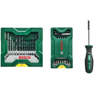 Bosch Mini X-Line bitkészlet, 41 darabos fúrószárakkal, bitekkel és csavarhúzóval.