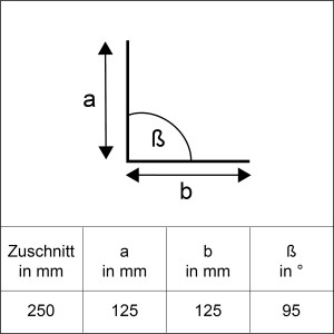 Vázlat natúr alumínium szögletes lemez, vágott 250x1000 mm, cseppentő nélkül, méretek a, b, β