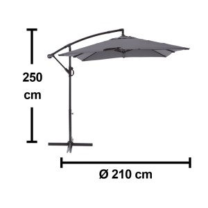 Szürke konzolos napernyő méretekkel: magasság 250 cm, átmérő 210 cm.