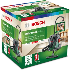 A Bosch UniversalVac 15 nedves-száraz porszívó csomagolása, egy univerzális porszívó.