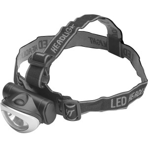 LED fejlámpa LX328, ezüst-fekete, állítható fejpánttal sportoláshoz és szabadidőhöz.
