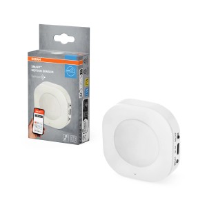 Osram Smart+ WiFi mozgásérzékelő, fehér kerek forma, csomagolással.