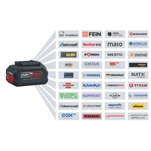 Bosch Professional GBA 18V/5 Ah akkumulátor, fekete-piros, AMPShare rendszert mutat partnerlogókkal a széles körű kompatibilitásért.