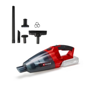 Einhell Power X-Change TE-VC 18 Li Solo akkus kézi porszívó tartozékokkal. Piros-fekete akkus porszívó fejekkel és toldócsővel.