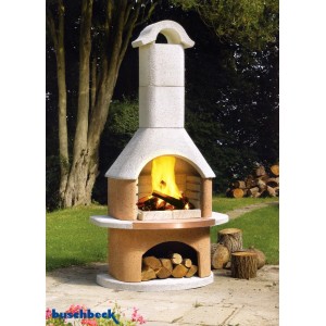 Buschbeck Bologna kerti grillkandalló, fehér-terrakotta, tűzzel és fával. Faszenes és fa tüzelésű grill.