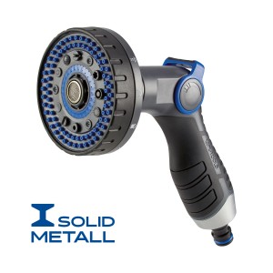 LUX-TOOLS multifunkciós szórópisztoly fekete/szürke, kék részletekkel. Ergonomikus markolat, 10 sugárfajta kerti öntözéshez.