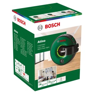 A Bosch Atino vonallézer csomagolása beépített mérőszalaggal.