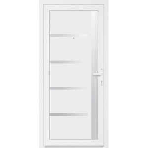 Fehér bejárati ajtó üvegbetéttel és vízszintes designelemekkel.