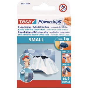 Tesa Powerstrips Small, 14 darab, fehér ragasztócsíkok tárgyak egyszerű rögzítéséhez és eltávolításához.
