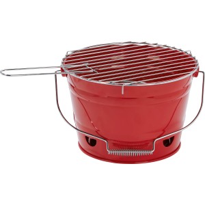 Piros vödör grill, hordozható faszenes grill ráccsal és fogantyúval.
