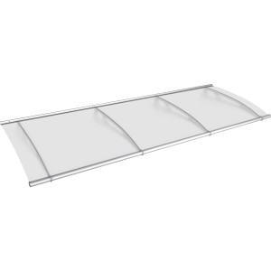 Modern előtető rozsdamentes acélból és szatén akrilüvegből, 270 cm széles.