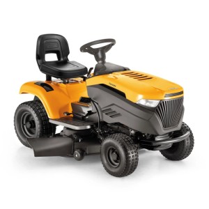 Sárga t.b.t. fűnyíró traktor fekete üléssel és kormánnyal.