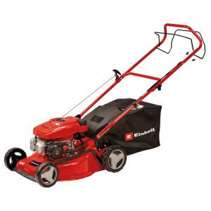 Piros Einhell GC-PM 46/5 S benzines fűnyíró fűgyűjtővel és összecsukható fogantyúval.