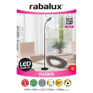 Fekete Rabalux LED állólámpa, Rader modell. Modern design lakóterekbe.