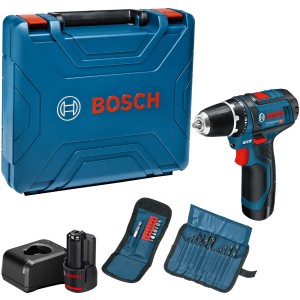 Bosch Professional GSR 12V-15 akkus fúró-csavarozó kofferben, 2 akkuval, töltővel, bit- és fúrószár készlettel.