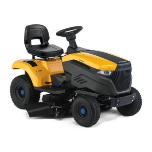 Sárga Stiga Tornado 598e akkumulátoros fűnyíró traktor oldalsó kidobóval.