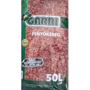 Zsák fenyőkéreg 50L térfogattal, szemcseméret kb. 30-90mm.