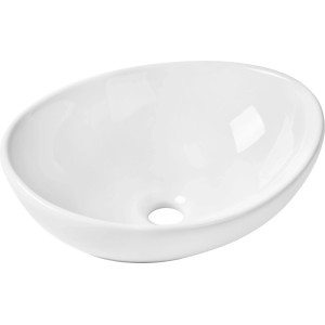 Fehér, ovális baliv pultra szerelhető mosdó fényes porcelánból, lefolyóval, túlfolyó nélkül. Modern design.
