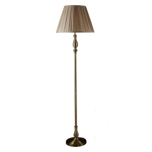Elegáns LED állólámpa pliszírozott bézs lámpabúrával és antikolt sárgaréz talppal.