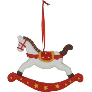 Karácsonyi dekoráció: Függő hintaló, 8 cm, piros szalaggal. Ideális karácsonyfára és adventi koszorúra.