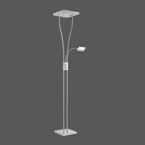 Modern, szálcsiszolt acél Helia LED állólámpa olvasólámpával, magasság 187-197,5 cm.
