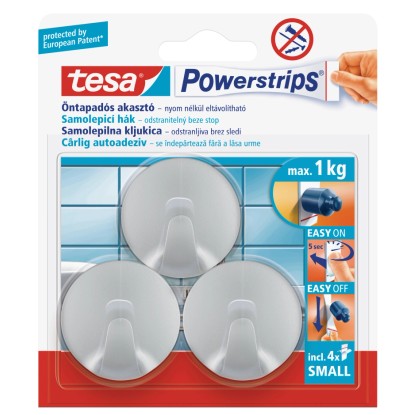 tesa Powerstrips nyom nélkül eltávolítható kis akasztó matt-króm 3 db 4 ragasztó