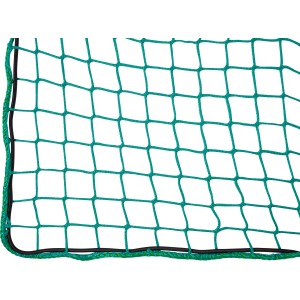Közelkép: Zöld, rugalmas rakományrögzítő háló 1,5x2,2m utánfutókhoz.