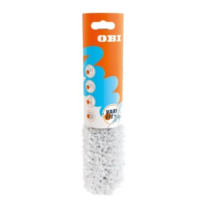 OBI Varifit mikroszálas portörlő, fehér, rugalmas csuklóval a tisztításhoz, narancssárga-kék csomagolásban.