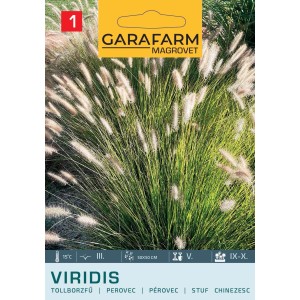 'Viridis' díszfű mag csomag zöld fűvel és fehér virágzatokkal.