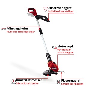 Einhell Power-X-Change GE-CT 18 Li Solo akkus fűszegélynyíró: Piros-ezüst szegélynyíró állítható szárral és vágófejjel.