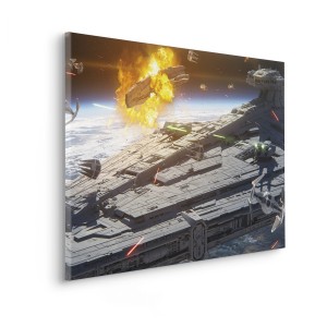 Szürke Star Wars vászonkép: The Mandalorian Space Fight űrhajókkal és robbanással.