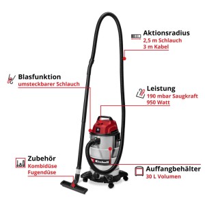 Einhell TC-VC 3055 S nedves-száraz porszívó, piros-ezüst, 30L rozsdamentes tartály, fúvó funkció, kerekek, fúvókák.