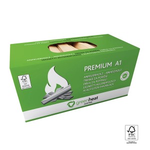 Prémium A1 gyújtós zöld csomagolásban, FSC-pecséttel.