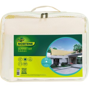 Csomagolt Nortene napvitorla (3,6x3,6m) bézs hordtáskában.