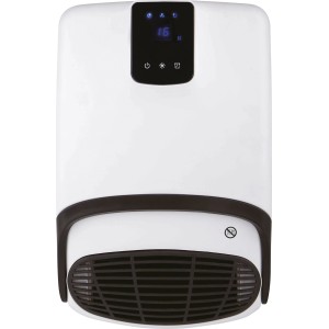 Fehér Sula fürdőszobai ventilátoros fűtő digitális kijelzővel és fekete ráccsal.